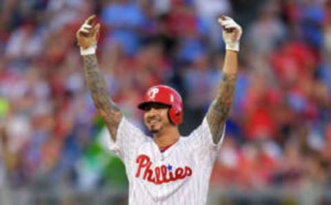 PHILADELPHIA, PA – AUGUST 03: Vince Velasquez #28 of the Philadelphia Phillies celebrates after hitting a double in the third inning against the Miami Marlins at Citizens Bank Park on August 3, 2018 in Philadelphia, Pennsylvania. (Photo by Drew Hallowell/Getty Images)