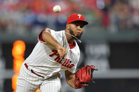 PHILADELPHIA, PA – AUGUST 03: Seranthony Dominguez #58 of the Philadelphia Phillies delivers a pitch in the ninth inning against the Miami Marlins at Citizens Bank Park on August 3, 2018 in Philadelphia, Pennsylvania. (Photo by Drew Hallowell/Getty Images)