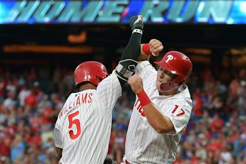 PHILADELPHIA, PA – AUGUST 04: Nick Williams #5 and Rhys Hoskins #17 of the Philadelphia Phillies celebrate Williams three run home run in the first inning against the Miami Marlins at Citizens Bank Park on August 4, 2018 in Philadelphia, Pennsylvania. (Photo by Drew Hallowell/Getty Images)