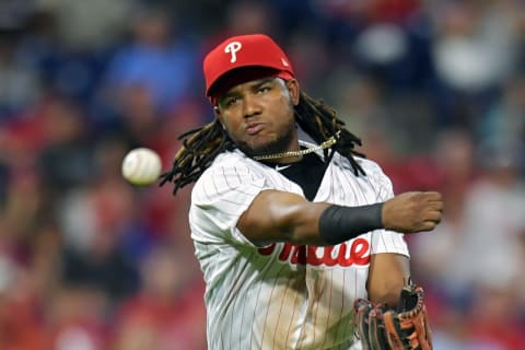 PHILADELPHIA, PA – AUGUST 04: Maikel Franco #7 of the Philadelphia Phillies throws to first base for an out in the third inning against the Miami Marlins at Citizens Bank Park on August 4, 2018 in Philadelphia, Pennsylvania. (Photo by Drew Hallowell/Getty Images)