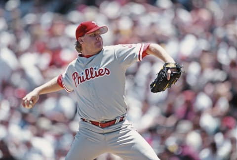 Curt Schilling pitcher for the Philadelphia Phillies on the mound throwing a pitch during the Major League Baseball National League West game against the San Francisco Giants on 29 May 2000 at Pacific Bell Park, San Francisco, California, United States. Giants won the game 7-2. (Photo by Tom Hauck/Getty Images)