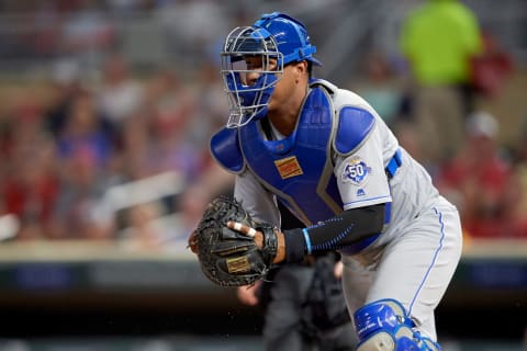 MINNEAPOLIS, MN – AUGUST 03: Salvador Perez #13 of the Kansas City Royals defends home plate against the Minnesota Twins during the game on August 3, 2018 at Target Field in Minneapolis, Minnesota. (Photo by Hannah Foslien/Getty Images)