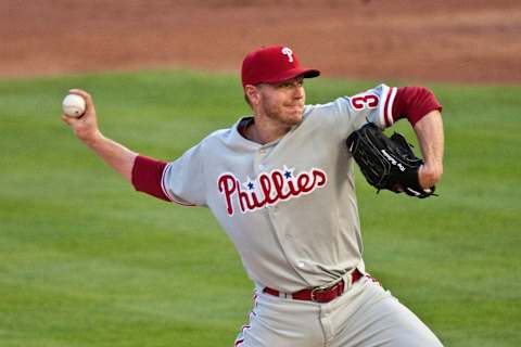 MIAMI, FL – MAY 29: Pitcher Roy Halladay #34 of the Philadelphia Phillies pitches during his perfect game against the Florida Marlins in Sun Life Stadium on May 29, 2010 in Miami, Florida. (Photo by Ronald C. Modra/Sports Imagery/Getty Images)