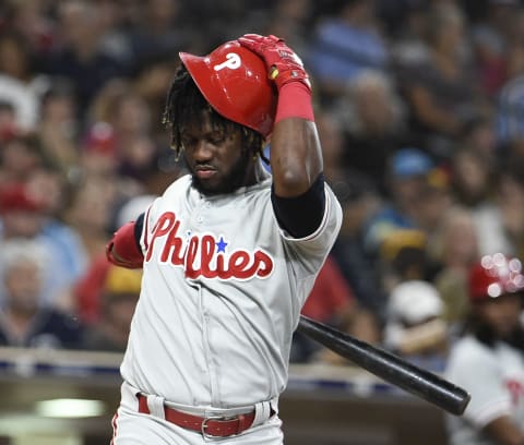 SAN DIEGO, CA – AUGUST 10: Odubel Herrera #37 of the Philadelphia Phillies holds onto his helmet as he takes a strike during the sixth inning of a baseball game against the San Diego Padres at PETCO Park on August 10, 2018 in San Diego, California. (Photo by Denis Poroy/Getty Images)