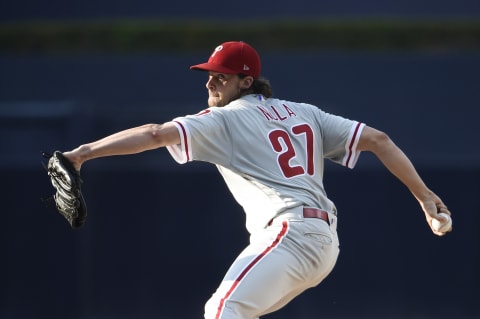 SAN DIEGO, CA – AUGUST 11: Aaron Nola #27 of the Philadelphia Phillies pitches during the first inning of a baseball game against the San Diego Padres at PETCO Park on August 11, 2018 in San Diego, California. (Photo by Denis Poroy/Getty Images)