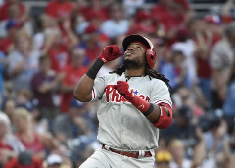 SAN DIEGO, CA – AUGUST 11: Maikel Franco #7 of the Philadelphia Phillies looks skyward after hitting a solo home run during the fourth inning of a baseball game against the San Diego Padres at PETCO Park on August 11, 2018 in San Diego, California. (Photo by Denis Poroy/Getty Images)