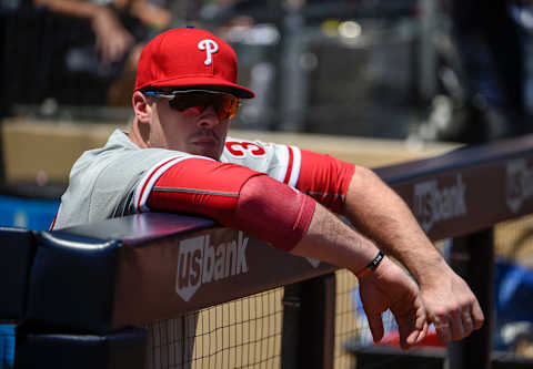 SAN DIEGO, CA – AUGUST 12: Justin Bour #33 of the Philadelphia Phillies looks on before a baseball game against the San Diego Padres at PETCO Park on August 12, 2018 in San Diego, California. (Photo by Denis Poroy/Getty Images)