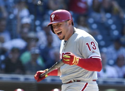 SAN DIEGO, CA – AUGUST 12: Asdrubal Cabrera #13 of the Philadelphia Phillies reacts as he strikes out during the eighth inning of a baseball game against the San Diego Padres at PETCO Park on August 12, 2018 in San Diego, California. (Photo by Denis Poroy/Getty Images)