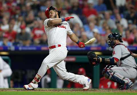 PHILADELPHIA, PA – AUGUST 14: Jorge Alfaro #38 of the Philadelphia Phillies swings and misses a pitch in the eighth inning during a game against the Boston Red Sox at Citizens Bank Park on August 14, 2018 in Philadelphia, Pennsylvania. The Red Sox won 2-1. (Photo by Hunter Martin/Getty Images)