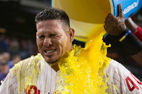 PHILADELPHIA, PA – AUGUST 15: Wilson Ramos #40 of the Philadelphia Phillies has Powerade poured on him after the game against the Boston Red Sox at Citizens Bank Park on August 15, 2018 in Philadelphia, Pennsylvania. The Phillies defeated the Red Sox 7-4. (Photo by Mitchell Leff/Getty Images)