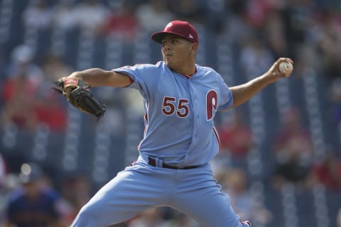 PHILADELPHIA, PA – AUGUST 16: Ranger Suarez #55 of the Philadelphia Phillies throws a pitch in the top of the first inning in game one of the doubleheader against the New York Mets at Citizens Bank Park on August 16, 2018 in Philadelphia, Pennsylvania. (Photo by Mitchell Leff/Getty Images)