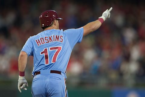 PHILADELPHIA, PA – AUGUST 16: Rhys Hoskins #17 of the Philadelphia Phillies reacts after hitting a three run home run in the bottom of the first inning against the New York Mets in game two of the doubleheader at Citizens Bank Park on August 16, 2018 in Philadelphia, Pennsylvania. (Photo by Mitchell Leff/Getty Images)