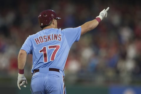 PHILADELPHIA, PA – AUGUST 16: Rhys Hoskins #17 of the Philadelphia Phillies reacts after hitting a three run home run in the bottom of the first inning against the New York Mets in game two of the doubleheader at Citizens Bank Park on August 16, 2018 in Philadelphia, Pennsylvania. (Photo by Mitchell Leff/Getty Images)