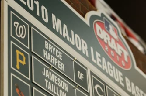 A detailed view of the first overall pick of the Washington Nationals Bryce Harper (Photo by Mike Stobe/Getty Images)