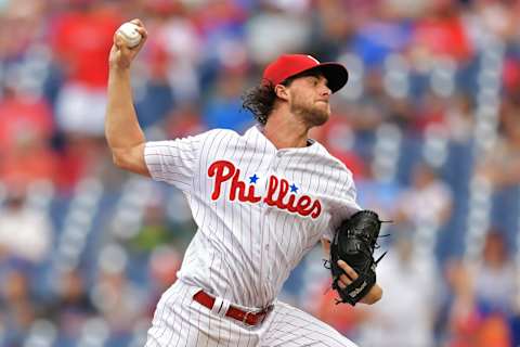 PHILADELPHIA, PA – AUGUST 17: Starting Aaron Nola #27 of the Philadelphia Phillies delivers a pitch in the first inning against the New York Mets at Citizens Bank Park on August 17, 2018 in Philadelphia, Pennsylvania. (Photo by Drew Hallowell/Getty Images)