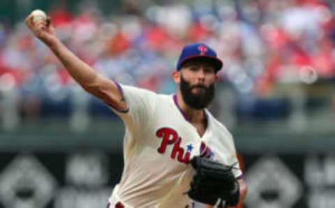 PHILADELPHIA, PA – AUGUST 18: Jake Arrieta #49 of the Philadelphia Phillies delivers a pitch against the New York Mets during the second inning of a game at Citizens Bank Park on August 18, 2018 in Philadelphia, Pennsylvania. (Photo by Rich Schultz/Getty Images)