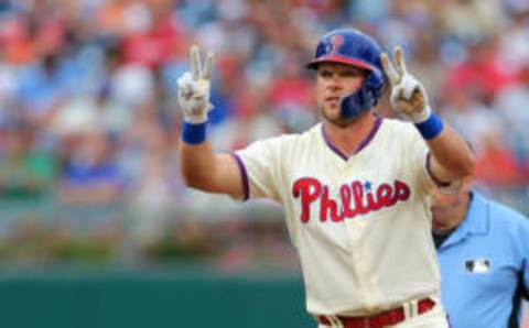 PHILADELPHIA, PA – AUGUST 18: Rhys Hoskins #17 of the Philadelphia Phillies gestures after he hit a double in the sixth inning during a game against the New York Mets at Citizens Bank Park on August 18, 2018 in Philadelphia, Pennsylvania. The Mets defeated the Phillies 3-1. (Photo by Rich Schultz/Getty Images)