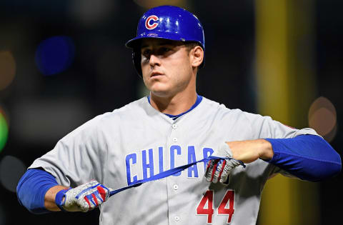 PITTSBURGH, PA – AUGUST 18: Anthony Rizzo #44 of the Chicago Cubs reacts after popping up to third base in the sixth inning during the game against the Pittsburgh Pirates at PNC Park on August 18, 2018 in Pittsburgh, Pennsylvania. (Photo by Justin Berl/Getty Images)