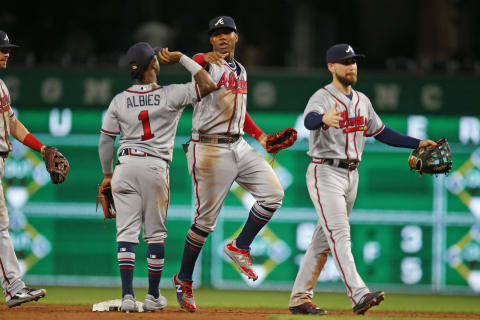 PITTSBURGH, PA – AUGUST 20: Ronald Acuna Jr. #13 of the Atlanta Braves celebrates with teammates after defeating the Pittsburgh Pirates 1-0 at PNC Park on August 20, 2018 in Pittsburgh, Pennsylvania. (Photo by Justin K. Aller/Getty Images)