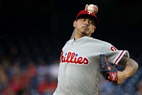 WASHINGTON, DC – AUGUST 21: Starting pitcher Vince Velasquez #28 of the Philadelphia Phillies works the first inning against the Washington Nationals at Nationals Park on August 21, 2018 in Washington, DC. (Photo by Patrick Smith/Getty Images)