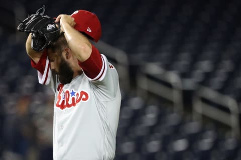 WASHINGTON, DC – AUGUST 21: Pitcher Adam Morgan #46 of the Philadelphia Phillies reacts after allowing a home run to Wilmer Difo #1 of the Washington Nationals (not pictured) during the sixth inning at Nationals Park on August 21, 2018 in Washington, DC. (Photo by Patrick Smith/Getty Images)