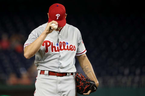 WASHINGTON, DC – AUGUST 21: Pitcher Yacksel Rios #53 of the Philadelphia Phillies reacts against the Washington Nationals during the eighth inning at Nationals Park on August 21, 2018 in Washington, DC. (Photo by Patrick Smith/Getty Images)