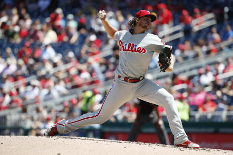 WASHINGTON, DC – AUGUST 23: Starting pitcher Aaron Nola #27 of the Philadelphia Phillies pitches in the second inning against the Washington Nationals at Nationals Park on August 23, 2018 in Washington, DC. (Photo by Patrick McDermott/Getty Images)