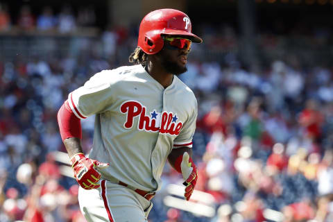 WASHINGTON, DC – AUGUST 23: Odubel Herrera #37 of the Philadelphia Phillies hits a two-run home run in the seventh inning against the Washington Nationals at Nationals Park on August 23, 2018 in Washington, DC. (Photo by Patrick McDermott/Getty Images)