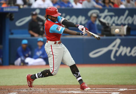 TORONTO, ON – AUGUST 24: Roman Quinn #24 of the Philadelphia Phillies hits a single in the second inning during MLB game action against the Toronto Blue Jays at Rogers Centre on August 24, 2018 in Toronto, Canada. Players are wearing special jerseys with their nicknames on them during Players’ Weekend. (Photo by Tom Szczerbowski/Getty Images)