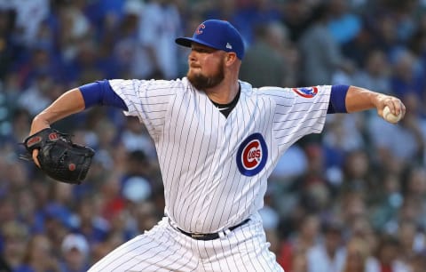 CHICAGO, IL – AUGUST 27: Starting pitcher Jon Lester #34 of the Chicago Cubs delivers the ball against the New York Mets at Wrigley Field on August 27, 2018 in Chicago, Illinois. (Photo by Jonathan Daniel/Getty Images)