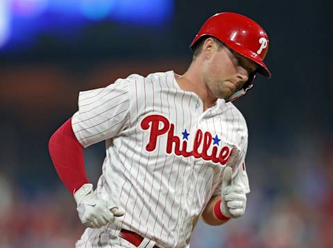 PHILADELPHIA, PA – AUGUST 27: Rhys Hoskins #17 of the Philadelphia Phillies rounds the bases after hitting a solo home run in the eighth inning during a game against the Washington Nationals at Citizens Bank Park on August 27, 2018 in Philadelphia, Pennsylvania. The Nationals won 5-3. (Photo by Hunter Martin/Getty Images)