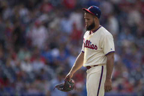 PHILADELPHIA, PA – SEPTEMBER 2: Luis Garcia #57 of the Philadelphia Phillies walks to the dugout after being taken out of the game in the top of the eighth inning against the Chicago Cubs at Citizens Bank Park on September 2, 2018 in Philadelphia, Pennsylvania. (Photo by Mitchell Leff/Getty Images)