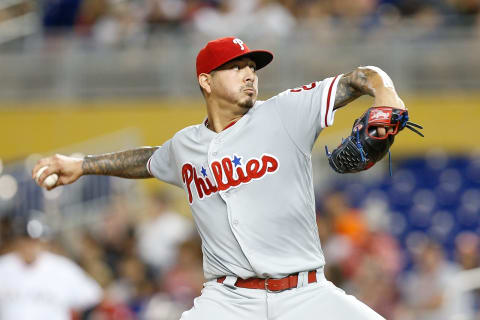 MIAMI, FL – SEPTEMBER 03: Vince Velasquez #28 of the Philadelphia Phillies delivers a pitch in the first inning against the Miami Marlins at Marlins Park on September 3, 2018 in Miami, Florida. (Photo by Michael Reaves/Getty Images)