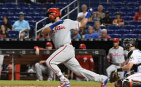 MIAMI, FL – SEPTEMBER 5: Jorge Alfaro #38 of the Philadelphia Phillies singles in the second inning against the Miami Marlins at Marlins Park on September 5, 2018 in Miami, Florida. (Photo by Eric Espada/Getty Images)