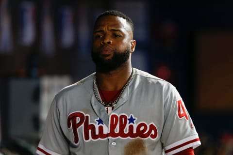 MIAMI, FL – SEPTEMBER 03: Carlos Santana #41 of the Philadelphia Phillies looks on against the Miami Marlins at Marlins Park on September 3, 2018 in Miami, Florida. (Photo by Michael Reaves/Getty Images)