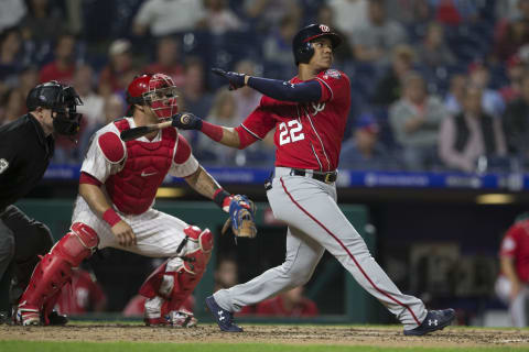 PHILADELPHIA, PA – SEPTEMBER 11: Juan Soto #22 of the Washington Nationals hits a two run home run in the top of the fourth inning against the Philadelphia Phillies in game two of the doubleheader at Citizens Bank Park on September 11, 2018 in Philadelphia, Pennsylvania. (Photo by Mitchell Leff/Getty Images)