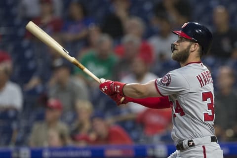 PHILADELPHIA, PA – SEPTEMBER 12: Bryce Harper #34 of the Washington Nationals hits a two run home run in the top of the first inning against the Philadelphia Phillies at Citizens Bank Park on September 12, 2018 in Philadelphia, Pennsylvania. (Photo by Mitchell Leff/Getty Images)