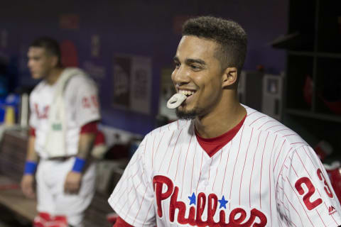 PHILADELPHIA, PA – SEPTEMBER 14: Aaron Altherr #23 of the Philadelphia Phillies smiles in the dugout after hitting a two run homerun in the bottom of the second inning against the Miami Marlins at Citizens Bank Park on September 14, 2018 in Philadelphia, Pennsylvania. (Photo by Mitchell Leff/Getty Images)