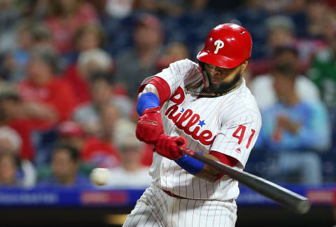 PHILADELPHIA, PA – SEPTEMBER 15: Carlos Santana #41 of the Philadelphia Phillies hits a fly ball to left field that is misplayed by Austin Dean #44 of the Miami Marlins for an error during the second inning of a game at Citizens Bank Park on September 15, 2018 in Philadelphia, Pennsylvania. (Photo by Rich Schultz/Getty Images)