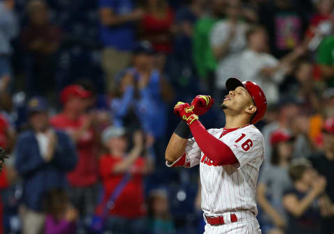 PHILADELPHIA, PA – SEPTEMBER 15: Cesar Hernandez #16 of the Philadelphia Phillies gestures after his three-run home run against the Miami Marlins during the fifth inning of a game at Citizens Bank Park on September 15, 2018 in Philadelphia, Pennsylvania. (Photo by Rich Schultz/Getty Images)