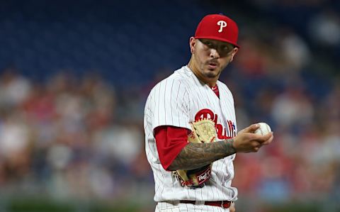 PHILADELPHIA, PA – SEPTEMBER 15: Pitcher Vince Velasquez #28 of the Philadelphia Phillies reacts after giving up a three-run double by JT Riddle #10 of the Miami Marlins during the second inning of a game at Citizens Bank Park on September 15, 2018 in Philadelphia, Pennsylvania. The Phillies defeated the Marlins 5-4. (Photo by Rich Schultz/Getty Images)