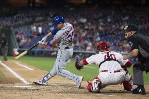 PHILADELPHIA, PA – SEPTEMBER 17: Michael Conforto #30 of the New York Mets hits an RBI single in the top of the fifth inning against the Philadelphia Phillies at Citizens Bank Park on September 17, 2018 in Philadelphia, Pennsylvania. The Mets defeated the Phillies 9-4. (Photo by Mitchell Leff/Getty Images)