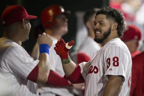 PHILADELPHIA, PA – SEPTEMBER 18: Jorge Alfaro #38 of the Philadelphia Phillies celebrates with Wilson Ramos #40 after hitting a three run home run in the bottom of the sixth inning against the New York Mets at Citizens Bank Park on September 18, 2018 in Philadelphia, Pennsylvania. The Phillies defeated the Mets 5-2. (Photo by Mitchell Leff/Getty Images)