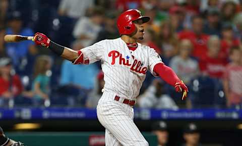 PHILADELPHIA, PA – SEPTEMBER 15: Cesar Hernandez #16 of the Philadelphia Phillies hits a three-run home run against the Miami Marlins during the fifth inning of a game at Citizens Bank Park on September 15, 2018 in Philadelphia, Pennsylvania. (Photo by Rich Schultz/Getty Images)