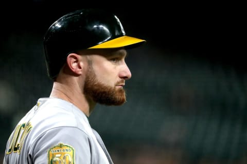 SEATTLE, WA – SEPTEMBER 24: Jonathan Lucroy #21 of the Oakland Athletics looks on against the Seattle Mariners while on deck to bat in the second inning during their game at Safeco Field on September 24, 2018 in Seattle, Washington. (Photo by Abbie Parr/Getty Images)