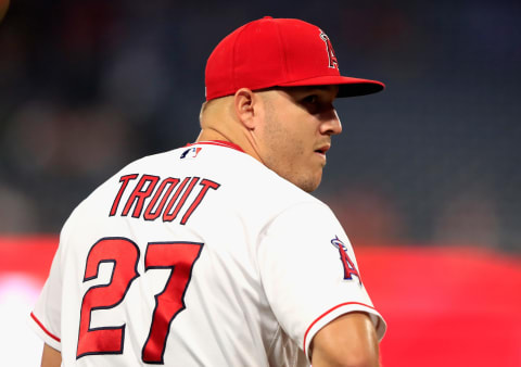 ANAHEIM, CA – SEPTEMBER 25: Mike Trout #27 of the Los Angeles Angels of Anaheim looks on prior to a game against the Texas Rangers at Angel Stadium on September 25, 2018 in Anaheim, California. (Photo by Sean M. Haffey/Getty Images)