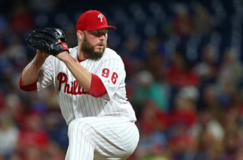 PHILADELPHIA, PA – SEPTEMBER 15: Tommy Hunter #96 of the Philadelphia Phillies in action against the Miami Marlins during a game at Citizens Bank Park on September 15, 2018 in Philadelphia, Pennsylvania. (Photo by Rich Schultz/Getty Images)