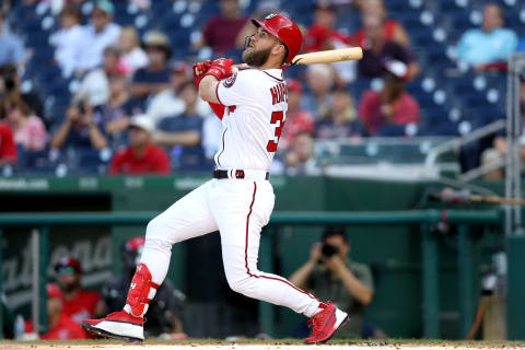 WASHINGTON, DC – SEPTEMBER 26: Bryce Harper #34 of the Washington Nationals bats against the Miami Marlins in the first inning at Nationals Park on September 26, 2018 in Washington, DC. (Photo by Rob Carr/Getty Images)