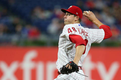 PHILADELPHIA, PA – SEPTEMBER 28: Pitcher Jerad Eickhoff #48 of the Philadelphia Phillies delivers a pitch against the Atlanta Braves during the second inning of a game at Citizens Bank Park on September 28, 2018 in Philadelphia, Pennsylvania. The Braves won 10-2. (Photo by Rich Schultz/Getty Images)