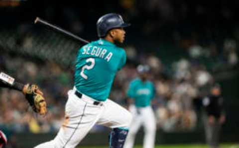 SEATTLE, WA – SEPTEMBER 28: Jean Segura #2 of the Seattle Mariners watches the ball fly to right field, which would be dropped on an error by Nomar Mazara #30 of the Texas Rangers to score three in the second inning at Safeco Field on September 28, 2018 in Seattle, Washington. (Photo by Lindsey Wasson/Getty Images)